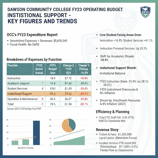 Overview of the dawson community college fy23 operating budget institutional support- Key Figures and Trends