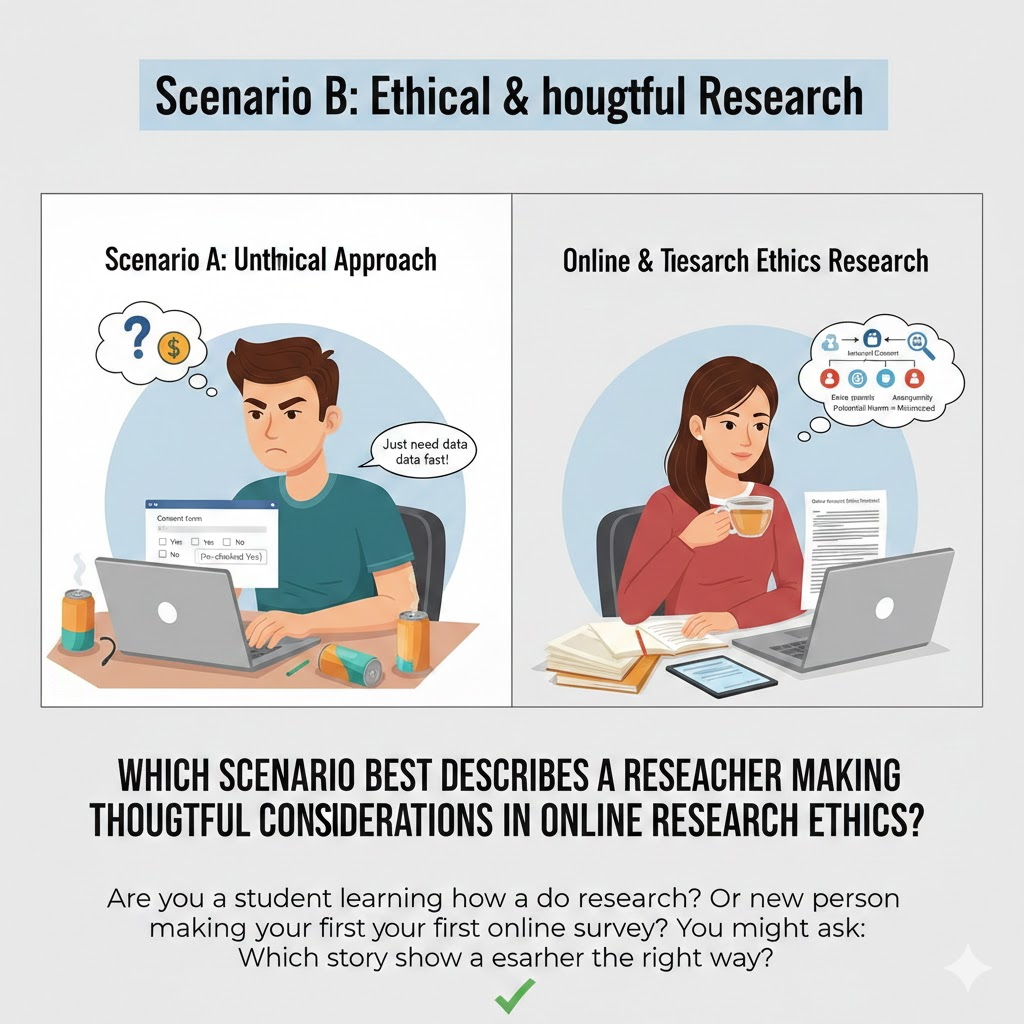 Which Scenario Best Describes a Researcher Making Thoughtful Considerations in Online Research Ethics? Which Scenario Best Describes a Researcher Making Thoughtful Considerations in Online Research Ethics?